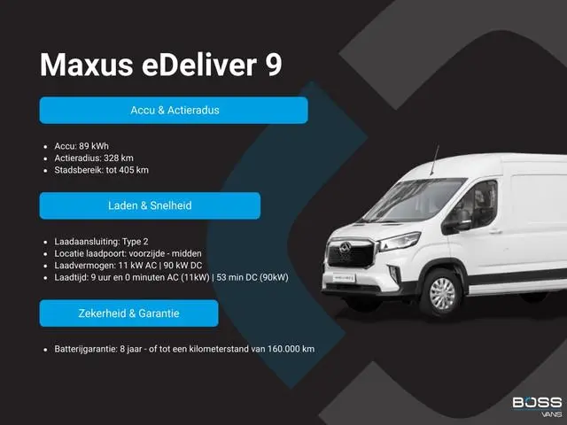 Maxus eDeliver 9 89kWh L3H3 328KM WLTP 91% (SOH) 204PK Dubbele schuifeur 90KW Snelladen Cruise contr...