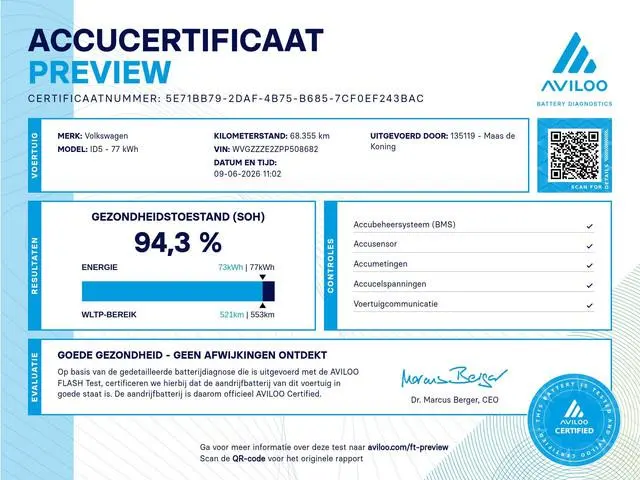 Volkswagen ID.5 GTX 77 kWh 300pk SOH 94,3 % · Panoramadak · Camera · Matrix LED · Keyless · Stuur- &...